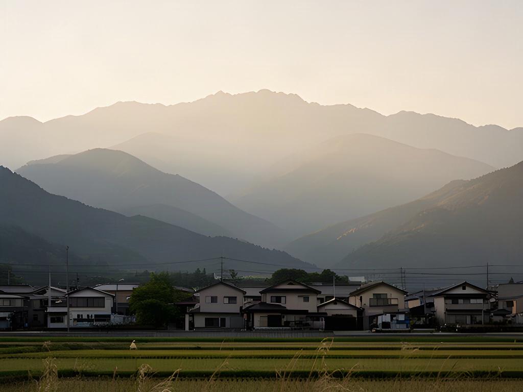 長野県富士見周辺の山並みと田園風景